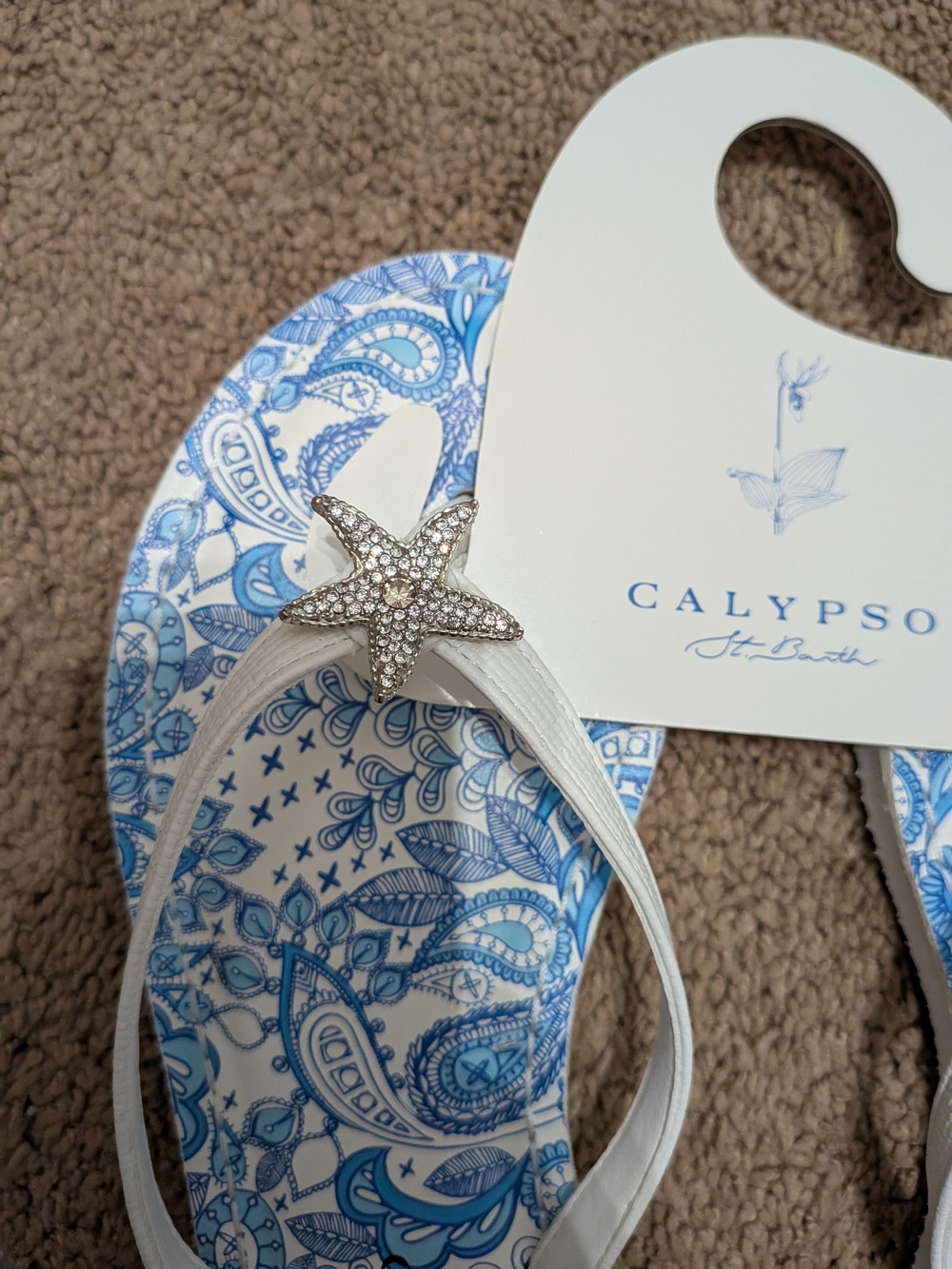 NEW Calypso St. Barth White and Blue Paisley Flip Flops - Picture 2 of 4